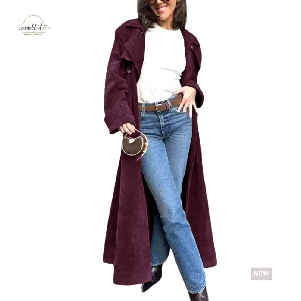 Faux Suede Long Trench Coat Double Breasted Slim Fit Pea Coat with Belt - Picture 1 of 7